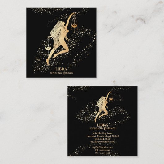 *~* LIBRA Zodiac Astrology Readings Gold & Black Vierkante Visitekaartje (Voorkant / Achterkant)