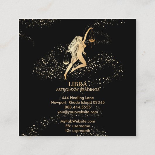 *~* LIBRA Zodiac Astrology Readings Gold & Black Vierkante Visitekaartje (Achterkant)