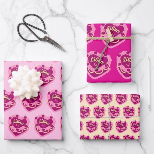 Libra Zodiac Coquette Hart Verjaardagstaart Inpakpapier Vel (Voorkant)