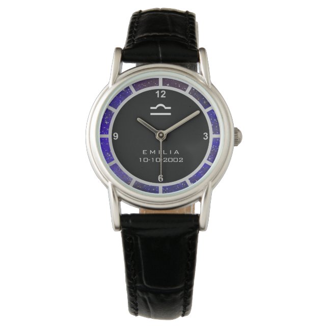 Libra Zodiac Sign Elegant Personalized Galaxy Horloge (Voorkant)