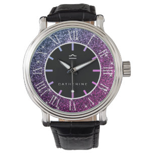 Libra Zodiac Sign Luxe roze Paarse glittersterren Horloge