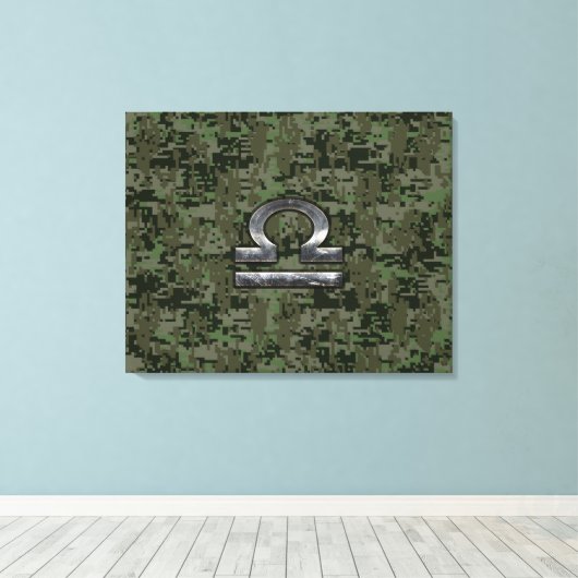 Libra Zodiac Sign on Woodland Green digital camo Canvas Afdruk (Insitu (Houten vloer))