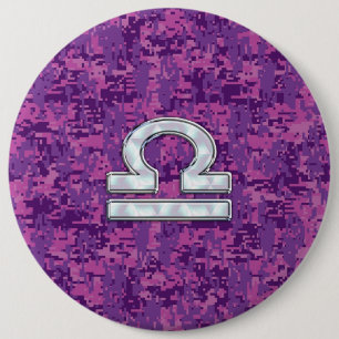Libra Zodiac Symbol on Fuchsia Digital Camo Ronde Button 6,0 Cm