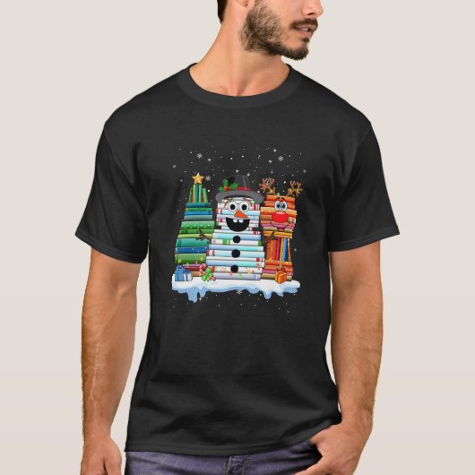 Librarian Book Lover Kerstboek Stack Reindeder T-shirt (Voorkant)