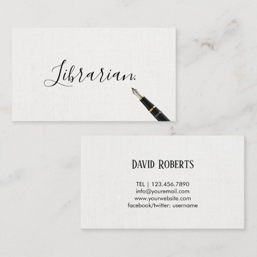 Librarian Handschrift Script Elegant Linen Visitekaartje (Voorkant / Achterkant)