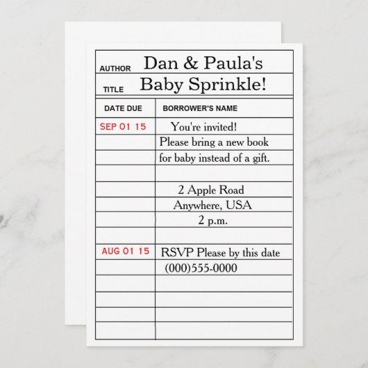 "Library Card"-Baby-sprintjes/doucheuitnodigingen Kaart (Voorkant / Achterkant)