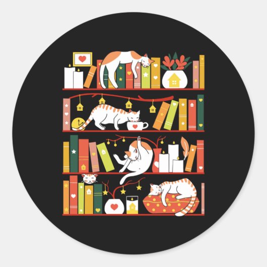 Library cats autumn colour version ronde sticker (Voorkant)