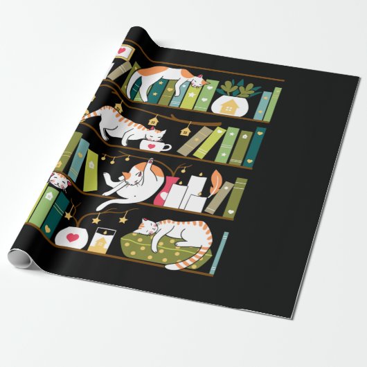 Library cats - whimsical cats on the book shelves cadeaupapier (Uitgerold)