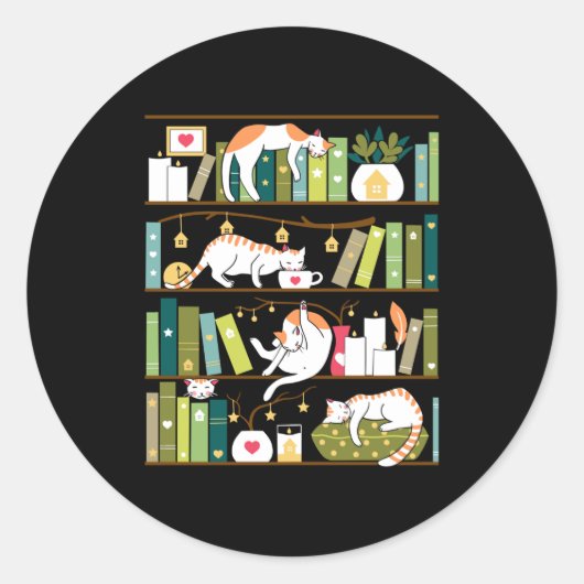 Library cats - whimsical cats on the book shelves ronde sticker (Voorkant)