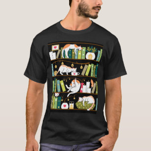 Library cats - whimsical cats on the book shelves t-shirt