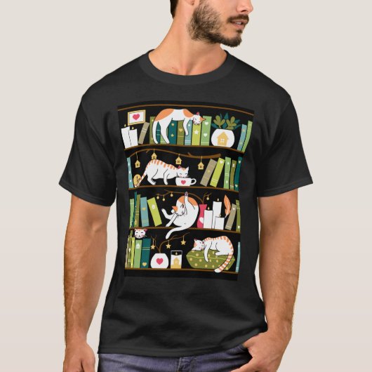 Library cats - whimsical cats on the book shelves t-shirt (Voorkant)