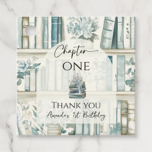 Library Chapter ONE Blue Boy Book 1st Birthday Bedankjes Labels (Voorkant)