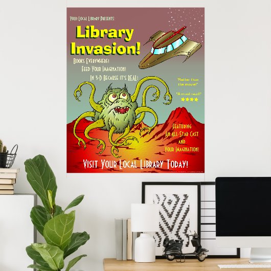 Library Invasion! Poster voor leesbevordering (Thuiskantoor)