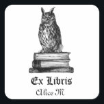 Library Owl ex libris Vierkante Sticker<br><div class="desc">Tekenen op papier Elegant sticker voor uw thuisbibliotheek</div>