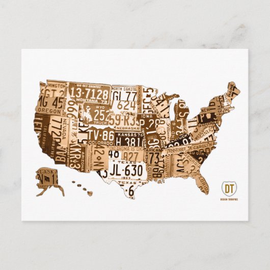 License Plate Map of the USA Sepia Postcard Briefkaart (Voorkant)