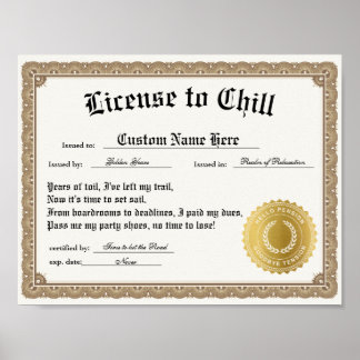 Licentie om te chillen, grappig pensioencertificaa poster