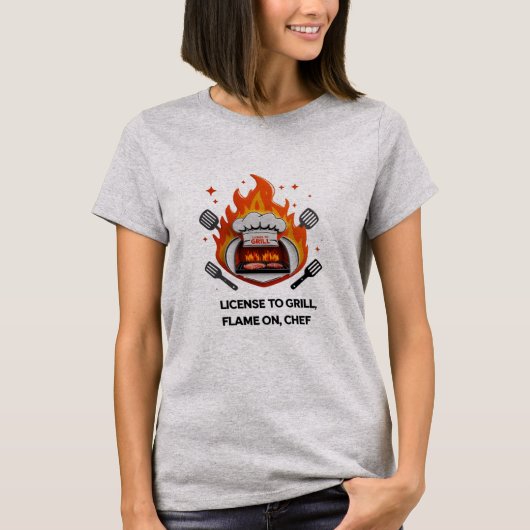 Licentie voor Grill - Flame On, Chef Vrouwen BBQ T-shirt (Voorkant)