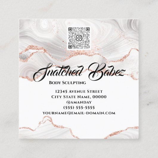 Lichaam Logo Sculpting Marble Roos Glitter QRCODE Vierkante Visitekaartje (Achterkant)
