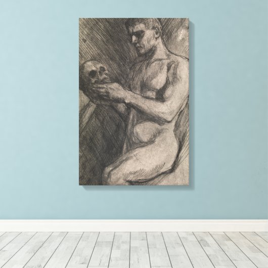 Lichaam van een Man dat de schedel vasthoudt (door Canvas Afdruk (Insitu (Houten vloer))