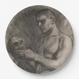 Lichaam van een Man dat de schedel vasthoudt (door Papieren Bordje