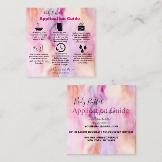 Lichaamsboter Toepassing Roze Gold Waterverf Vierkante Visitekaartje (Voorkant / Achterkant)