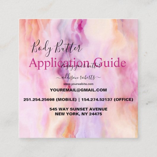Lichaamsboter Toepassing Roze Gold Waterverf Vierkante Visitekaartje (Achterkant)