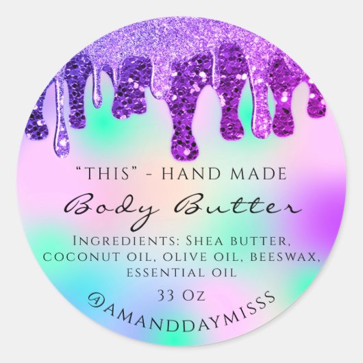Lichaamsboter Verpakking Glitter Drip Violet Ronde Sticker (Voorkant)