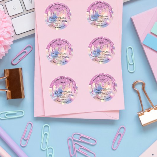 Lichaamsboter Verpakkingsroze druppels holografisc Ronde Sticker