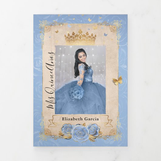Licht Baby Blauw en Goud Elegante Foto Quinceanera Drieluik Uitnodiging (Cover)
