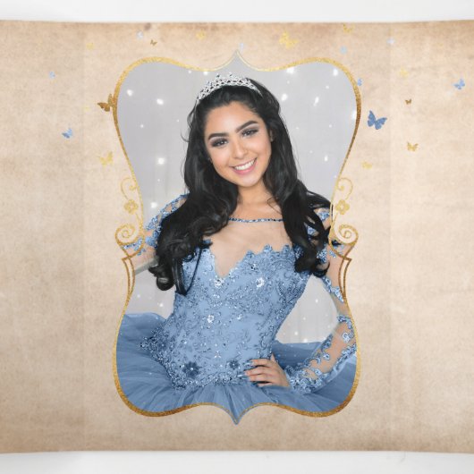 Licht Baby Blauw en Goud Elegante Foto Quinceanera Drieluik Uitnodiging (Binnenkant midden)