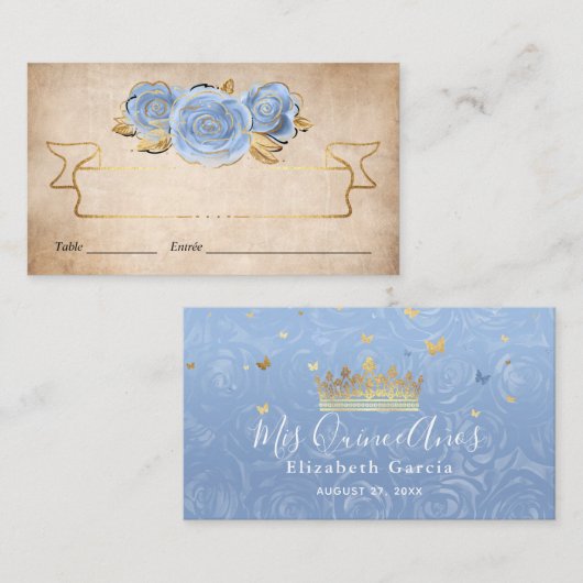 Licht Baby Blue en Gold Roos Waterverf Escort Plaatskaartje (Voorkant / Achterkant)