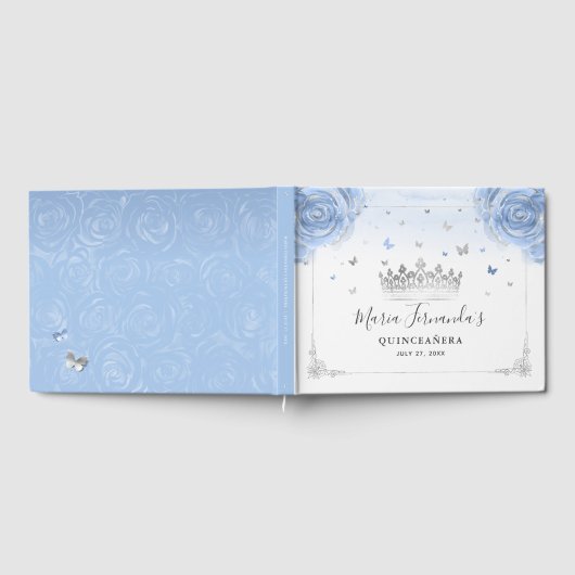 Licht Baby Blue Rozen en Elegant Silver Crown Gastenboek (Volledig)