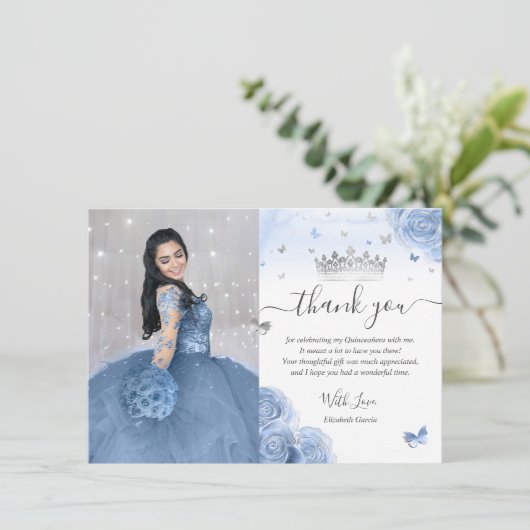 Licht Baby Blue Silver Quinceañera Foto van Birthd Bedankkaart (Staand voorkant)