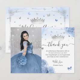 Licht Babyblau Zilver Quinceañera Foto Verjaardag Bedankkaart