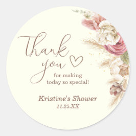 Licht Beige Boho Bloemen Dank u Baby shower Ronde Sticker