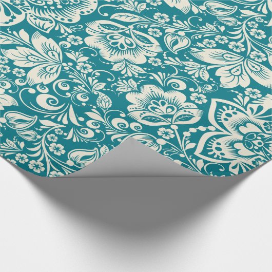 Licht beige Dammaskers en Turquoise Blue Backgroun Cadeaupapier (Hoek)