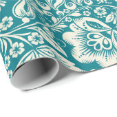 Licht beige Dammaskers en Turquoise Blue Backgroun Cadeaupapier (Rol Hoek)