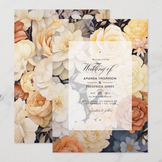 Licht Beige en Champagne Bloemen Bruiloft Kaart (Voorkant / Achterkant)