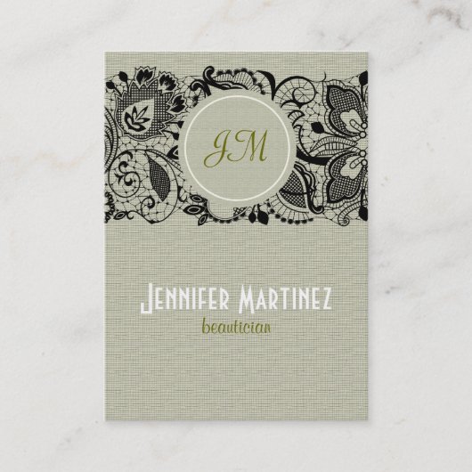 Licht beige linen & zwarte kant visitekaartje (Voorkant)