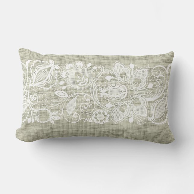 Licht beige linnen en  witte kant kussen (Voorkant)