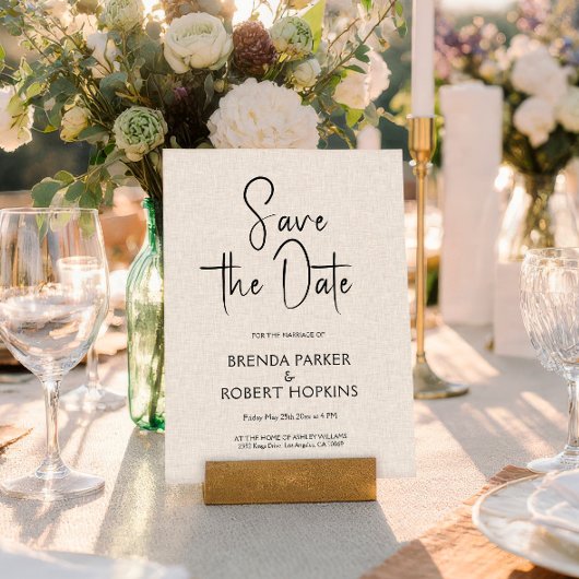 Licht Beige Linnen Zwarte Script Save The Date Kaart