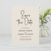 Licht Beige Linnen Zwarte Script Save The Date Kaart (Staand voorkant)
