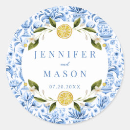 Licht blauw chinoiserie bruiloft monogram stickers
