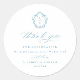 Licht Blauw Crest Monogram Bruiloft Dank u Ronde Sticker