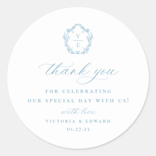 Licht Blauw Crest Monogram Bruiloft Dank u Ronde Sticker (Voorkant)