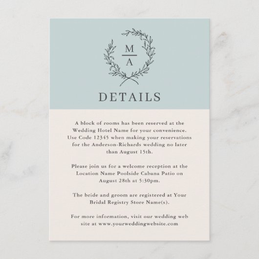 Licht Blauw Eenvoudig Elegant Monogram - Gegevens Informatiekaartje (Voorkant)