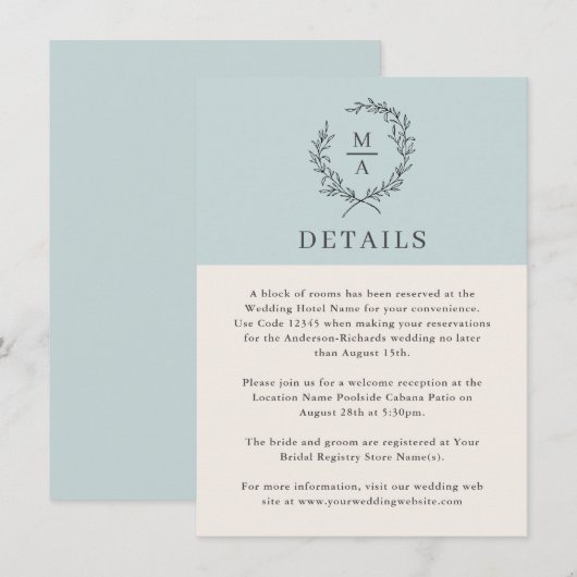 Licht Blauw Eenvoudig Elegant Monogram - Gegevens Informatiekaartje (Voorkant / Achterkant)