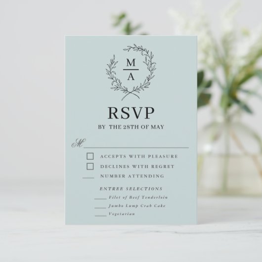 Licht Blauw Eenvoudig Elegant Monogram RSVP met Ma (Staand voorkant)