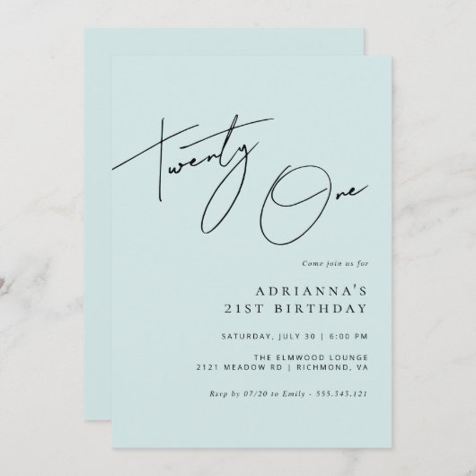 Licht blauw | Elegant Script Vrouwen 21e Verjaarda Kaart (Voorkant / Achterkant)