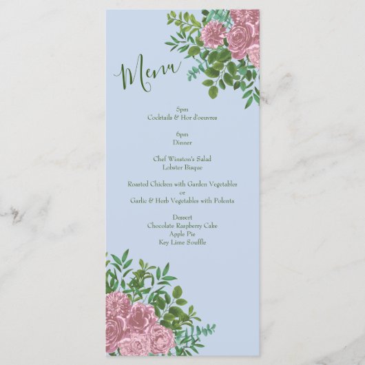 Licht blauw en Bleek roze pony Roos Floral Wedding Menu (Voorkant)